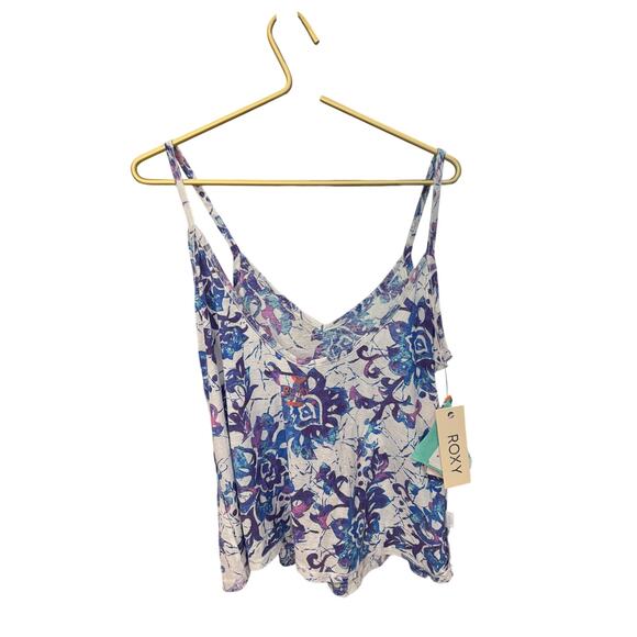 Roxy Tank Top White Blue Purple Pattern V‑Neck Scoop Back M NWT - Picture 5 of 10